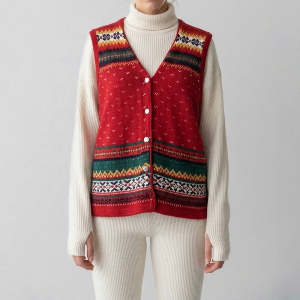 80s Fair Isle Wool Blend Sweater Vest Nordic Scandi Festive Holiday Christmas M